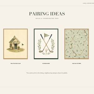 May include: Three square art prints featuring golf themes. The left print shows a small golf clubhouse, the center print displays crossed golf clubs with a flag and laurel wreath, and the right print features a repeating pattern of golf clubs and bags.