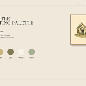 May include: A digital art print titled The Little Golf Club featuring a small building with a green roof and striped awning on a grassy patch. The layout includes the text A Gentle Sporting Palette and five circular color swatches labeled Warm Ivory, Soft Sage, Forest, Muted Navy, and Vintage Tan.