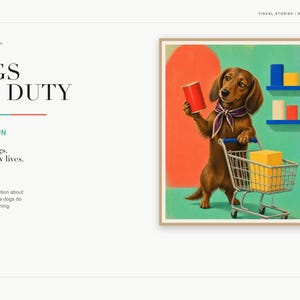 An informational slide titled Dogs Off Duty with text on the left and the dachshund grocery shopping art print displayed on the right.