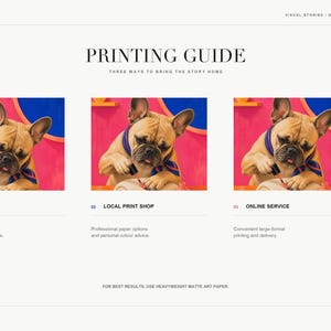 A printing guide slide showing three options for printing at home, at a local shop, or via an online service.
