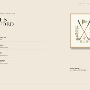 May include: A digital art print featuring a framed illustration of two crossed golf clubs, a golf ball on a tee, and a green flag, all surrounded by a leafy laurel wreath. The text reads WHAT'S INCLUDED, HIGH-RESOLUTION JPG, CLASSIC 4:5 RATIO, 300 DPI QUALITY, PRINTING GUIDE PDF, DIGITAL FILE ONLY, NO PHYSICAL ITEM SHIPPED.