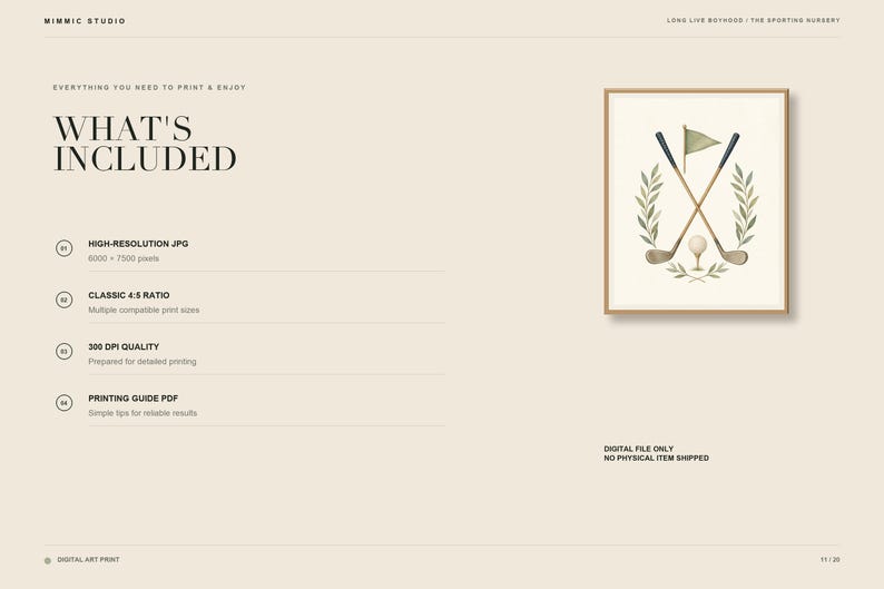 May include: A digital art print featuring a framed illustration of two crossed golf clubs, a golf ball on a tee, and a green flag, all surrounded by a leafy laurel wreath. The text reads WHAT'S INCLUDED, HIGH-RESOLUTION JPG, CLASSIC 4:5 RATIO, 300 DPI QUALITY, PRINTING GUIDE PDF, DIGITAL FILE ONLY, NO PHYSICAL ITEM SHIPPED.