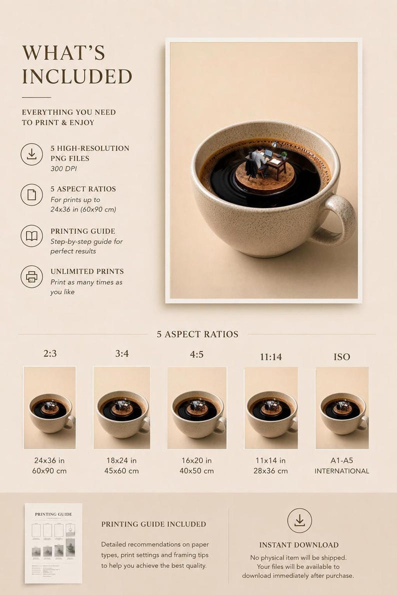 An informational listing slide detailing the digital download package contents, including five high-resolution PNG files across different aspect ratios and a printing guide.