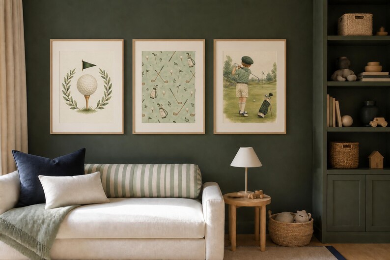 A cream-colored sofa with striped pillows sits against a dark green wall beneath three framed golf prints, next to a small wooden table and a tall bookshelf.