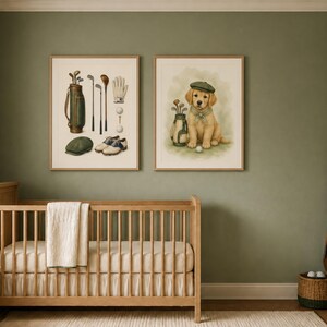 May include: Two framed wall art prints featuring golf-themed illustrations. The left print displays a golf bag, clubs, a glove, two balls, shoes, and a cap. The right print shows a golden retriever puppy wearing a cap and scarf near a golf bag.