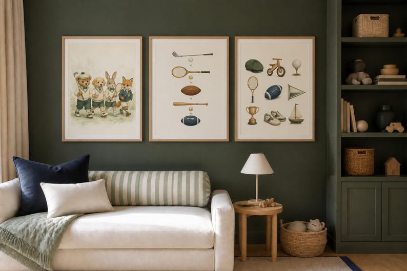 May include: Three framed wall art prints featuring illustrations of animals in sports attire, various sports equipment including a tennis racket, football, and baseball bat, and a collection of vintage-style sports gear like a trophy and sailboat.