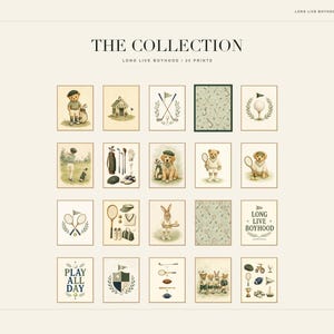 A gallery grid titled The Collection displays twenty different vintage-style nursery art prints featuring golf, teddy bears, animals, and sports motifs.