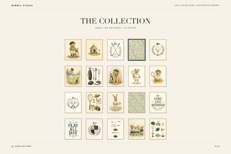 A gallery grid titled The Collection displays twenty different vintage-style nursery art prints featuring golf, teddy bears, animals, and sports motifs.