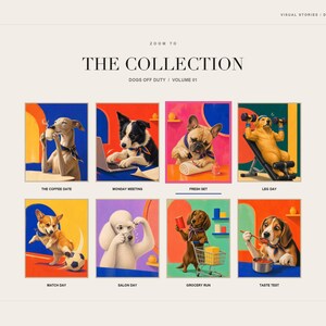 A collection overview slide displaying eight different humorous dog art prints including the French bulldog manicure print.