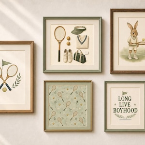 Tennis Nursery Print Set of 6, Sage Green Preppy Baby Boy Wall Art, Vintage Tennis Nursery Decor, Printable Download image 1
