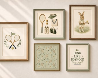 Tennis Nursery Print Set of 6, Sage Green Preppy Baby Boy Wall Art, Vintage Tennis Nursery Decor, Printable Download