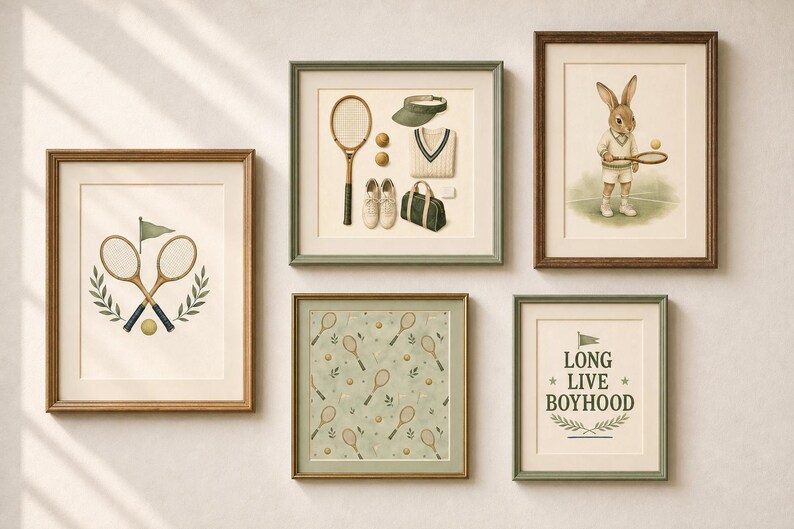Tennis Nursery Print Set of 6, Sage Green Preppy Baby Boy Wall Art, Vintage Tennis Nursery Decor, Printable Download image 1