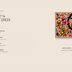 An informational slide lists the included digital files next to a thumbnail image of the framed abstract print.