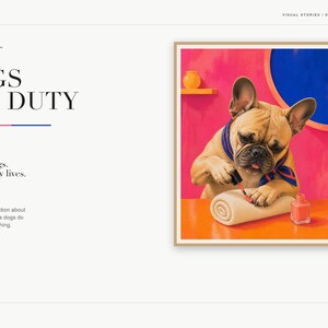 A product listing slide displaying the title Dogs Off Duty next to the French bulldog nail painting artwork.