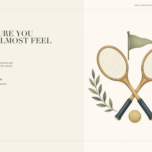 May include: A digital art print featuring two crossed wooden tennis rackets, a yellow tennis ball, and a green flag, framed by two leafy branches. The text reads: MIMMIC STUDIO, LONG LIVE BOYHOOD, THE SPORTING NURSERY, TEXTURE YOU CAN ALMOST FEEL.