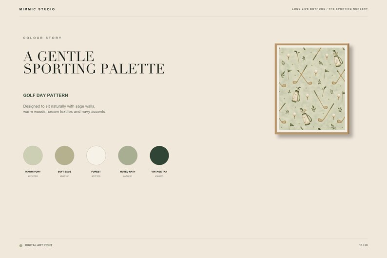 A digital graphic displays a gentle sporting color palette with five circular color swatches below the artwork thumbnail.