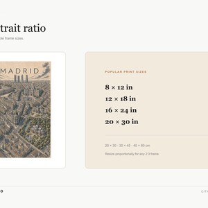 May include: A digital art print of a Madrid city map in a 2:3 portrait ratio. The illustration features a detailed aerial view of the city with the text MADRID at the top. A chart lists popular print sizes in inches: 8x12, 12x18, 16x24, and 20x30.