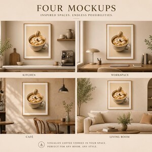 Four mock-up images showing the framed coffee hot air balloon art print displayed in a kitchen, workspace, café, and living room.