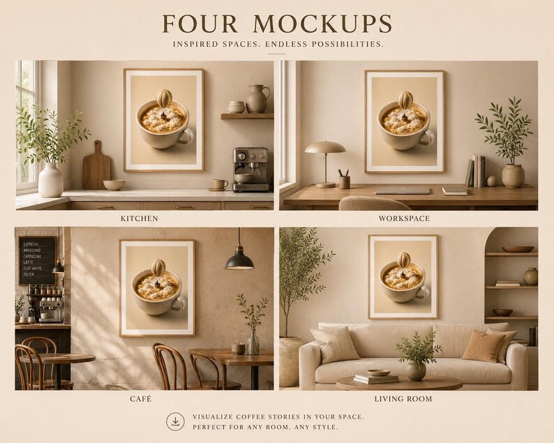 Four mock-up images showing the framed coffee hot air balloon art print displayed in a kitchen, workspace, café, and living room.