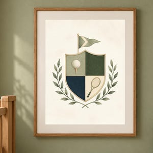 Puede incluir: Una l&aacute;mina de arte enmarcada con un escudo her&aacute;ldico dividido en cuatro cuadrantes. El escudo muestra una pelota de golf sobre un tee, una raqueta de tenis y secciones s&oacute;lidas en verde y azul. Un peque&ntilde;o bander&iacute;n corona el escudo, flanqueado por hojas de laurel.