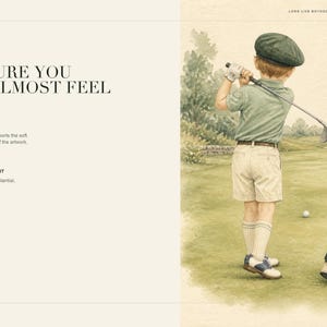 May include: A digital art print featuring a child in a green cap, polo shirt, and beige shorts swinging a golf club on a course. Text includes "MIMMIC STUDIO," "TEXTURE YOU CAN ALMOST FEEL," "MATTE PAPER," "RECOMMENDED WEIGHT," and "LONG LIVE BOYHOOD."