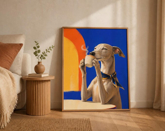 Greyhound Coffee Wall Art, Whimsical Dog Kitchen Print, Cafe Decor, Printable Digital Download