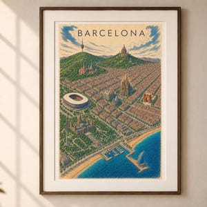 May include: A framed art print featuring an aerial illustration of Barcelona with the text BARCELONA at the top. The image depicts a city grid, a stadium, the coastline with a blue sea, and green hills under a blue sky with clouds.