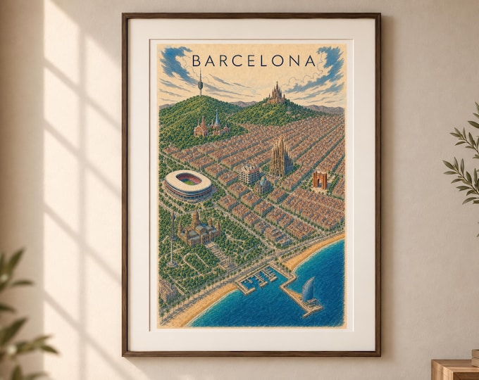 Barcelona Map Printable Wall Art, Vintage & Color City Poster, Spanish Travel Decor, Digital Download