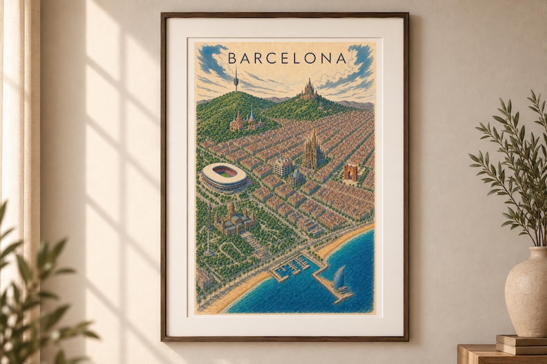 May include: A framed art print featuring an aerial illustration of Barcelona with the text BARCELONA at the top. The image depicts a city grid, a stadium, the coastline with a blue sea, and green hills under a blue sky with clouds.