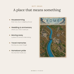 K&ouml;nnte beinhalten: Ein rechteckiges Poster mit einer Luftbildillustration von Rom und dem Text ROME am oberen Rand. Das Bild zeigt einen gewundenen blauen Fluss, der durch ein detailliertes Stadtbild mit historischen Wahrzeichen flie&szlig;t, umgeben von Text mit Geschenkideen.