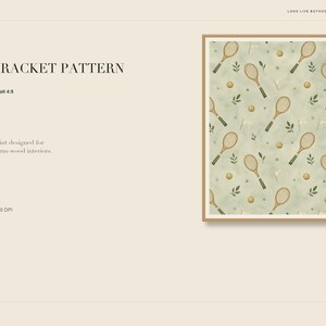 Digital art listing slide displaying the tennis racket pattern print next to title text on a cream background.