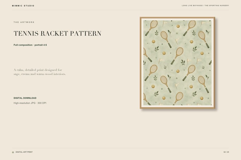 Digital art listing slide displaying the tennis racket pattern print next to title text on a cream background.