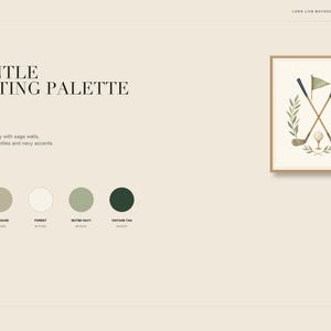 May include: A digital art print featuring a framed illustration of two crossed golf clubs, a golf ball on a tee, and a small flag, all surrounded by a leafy wreath. The color palette includes warm ivory, soft sage, forest green, navy, and tan.