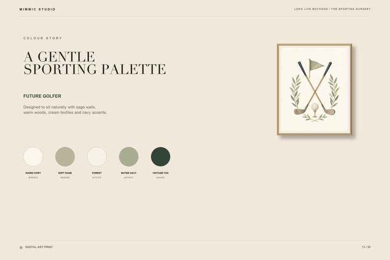 May include: A digital art print featuring a framed illustration of two crossed golf clubs, a golf ball on a tee, and a small flag, all surrounded by a leafy wreath. The color palette includes warm ivory, soft sage, forest green, navy, and tan.