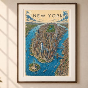 May include: A framed art print featuring an aerial illustration of Manhattan, New York, with the Statue of Liberty in the foreground, the East and Hudson Rivers on either side, and the text NEW YORK printed in black at the top center.