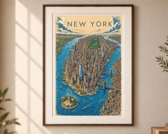 New York Illustrated City Map, Vintage and Color NYC Poster, Manhattan Wall Art, Printable Download