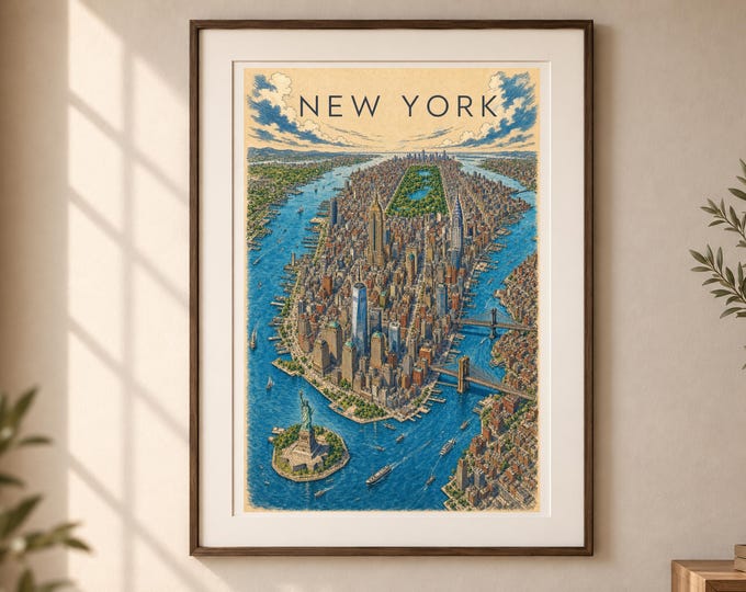 New York Map Wall Art, Vintage & Color NYC Poster, Urban Travel Decor, Digital Download
