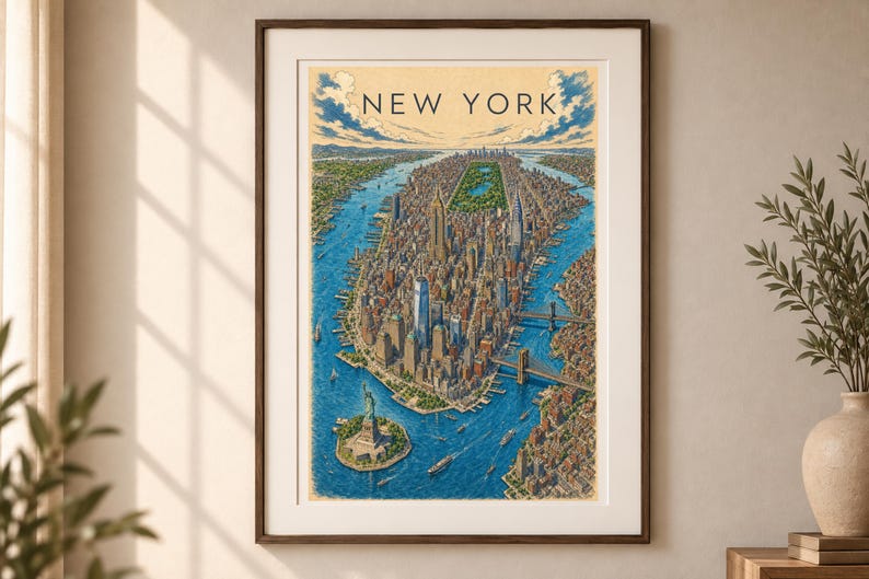 May include: A framed art print featuring an aerial illustration of Manhattan, New York, with the Statue of Liberty in the foreground, the East and Hudson Rivers on either side, and the text NEW YORK printed in black at the top center.