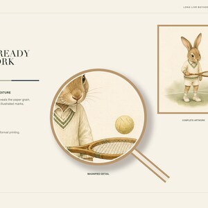 May include: A digital art print featuring a rabbit dressed in tennis attire holding a racket. The layout includes text reading 300 DPI PRINT-READY ARTWORK, REAL WATERCOLOUR TEXTURE, 6000 x 7500 PIXELS, GAME, SET, PLAY, and a circular magnified detail view.