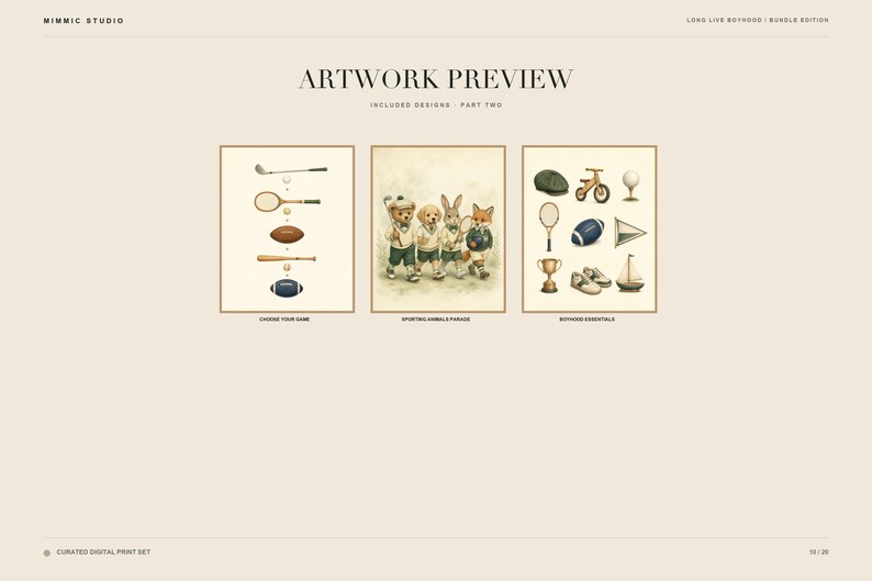 May include: A digital print set titled Artwork Preview featuring three framed illustrations. The first shows sports equipment, the second depicts a bear, dog, rabbit, and fox in athletic attire, and the third displays various childhood items.