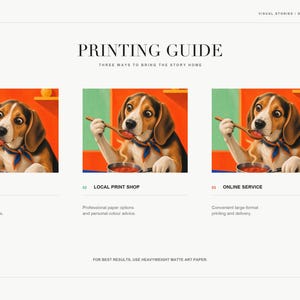 A printing guide slide presents three options for printing including at home, local print shop, and online service.