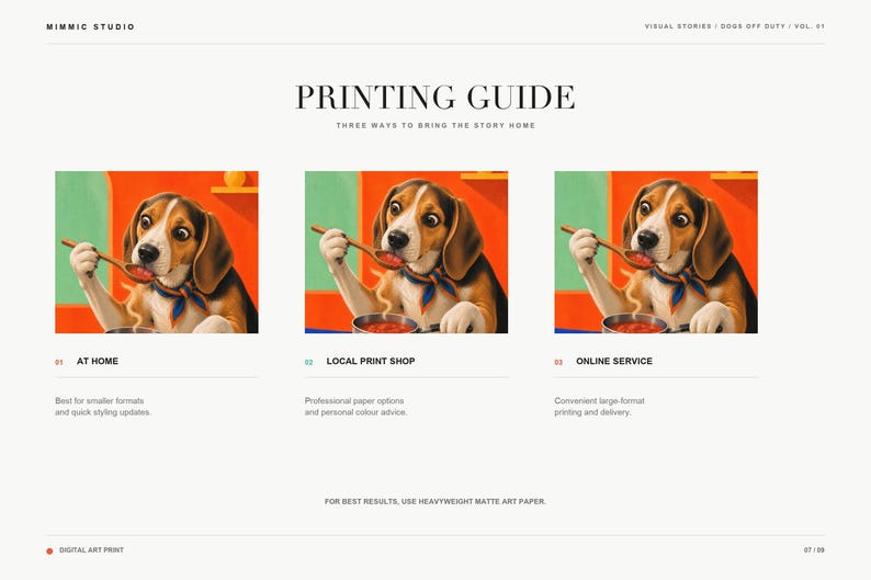 A printing guide slide presents three options for printing including at home, local print shop, and online service.