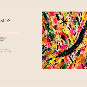 A digital mockup displays the abstract square print alongside the text LA ILUSION and product details on a beige background.