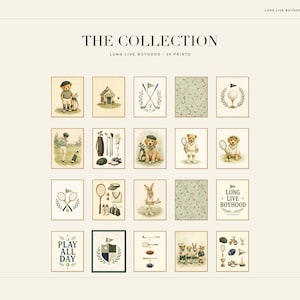 Puede incluir: Una colecci&oacute;n de veinte impresiones de arte digital titulada THE COLLECTION LONG LIVE BOYHOOD. Las l&aacute;minas presentan ilustraciones de osos de peluche, conejos, perros y equipamiento deportivo como palos de golf, raquetas de tenis y pelotas.