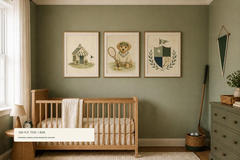 May include: Three framed wall art prints displayed above a wooden crib. The prints feature a golf clubhouse, a golden retriever puppy wearing a tennis outfit and holding a racket, and a crest with a golf ball, club, and laurel leaf design.