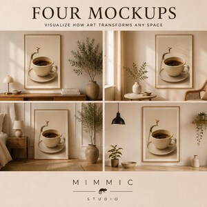 An informational image with four different room mockups displaying the framed coffee diver art print in various home settings.