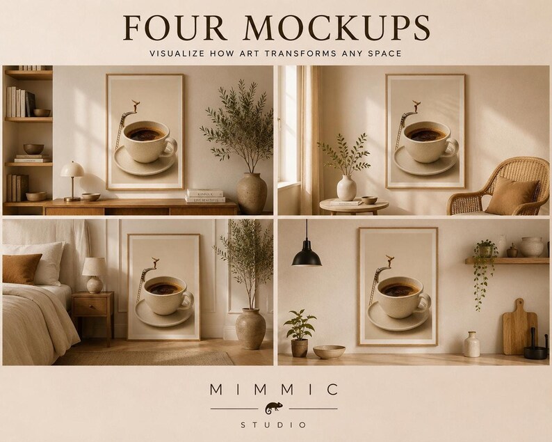 An informational image with four different room mockups displaying the framed coffee diver art print in various home settings.