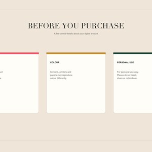 Informational slide titled before you purchase detailing digital item terms, color variations, and personal use policies.