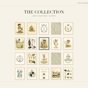 May include: A collection of twenty digital art prints titled The Collection Long Live Boyhood, featuring illustrations of teddy bears, rabbits, and dogs engaged in various sports like golf and tennis, alongside patterned backgrounds and text.
