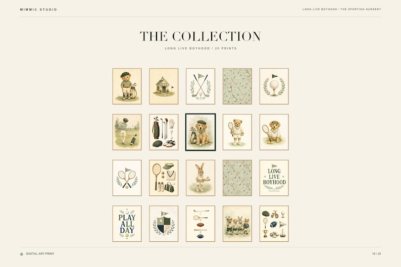 May include: A collection of twenty digital art prints titled The Collection Long Live Boyhood, featuring illustrations of teddy bears, rabbits, and dogs engaged in various sports like golf and tennis, alongside patterned backgrounds and text.